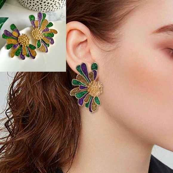 2/$30🌵 Gold Green Purple Flower Earrings Zara Large Mardi Gras Carnival NEW - Picture 1 of 10